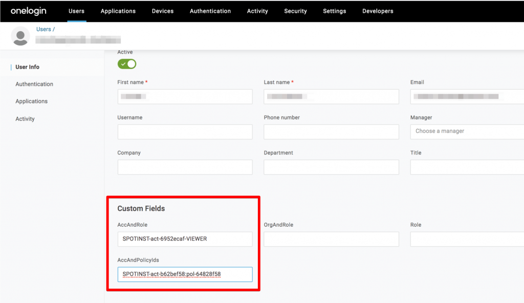 Example of OneLogin Custom Fields for AccAndRole and AccAndPolicyIds